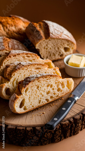 Freshly sliced bread on wooden board with butter, knife, and rustic warmth Vertical Mobile Wallpaper