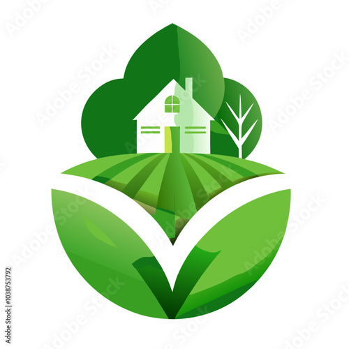 Green eco-friendly house icon with leaves and fields