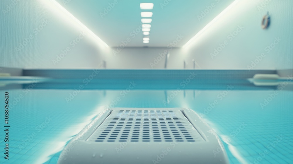 Obraz premium A swimming pool starting block with focus on the non-slip surface, indoor setting with soft overhead lighting, Minimalist style