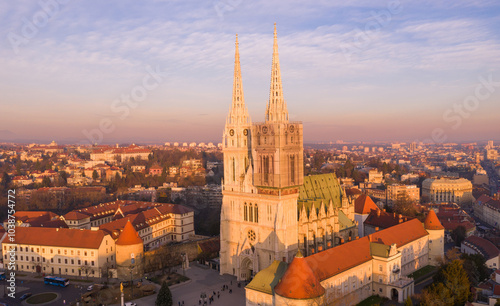 Zagreb Old Town And Cathedral in Background. Sightseeing Place in Croatia. Beautiful Sunset Light.