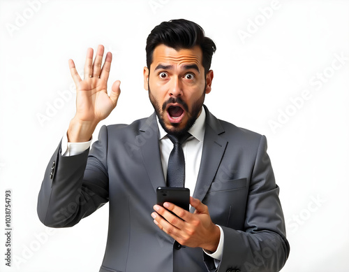 Businessman with shocked expression holding smart phone and raising hand