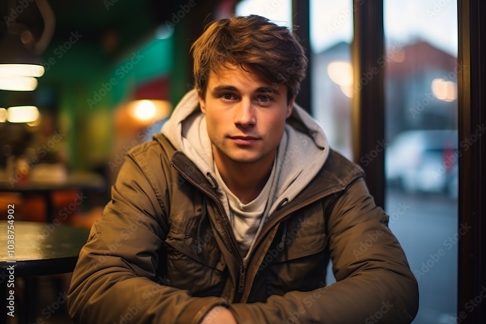 Portrait of a handsome young man sitting in a cafe at night Portrait of a handsome young man sitting in a cafe at night