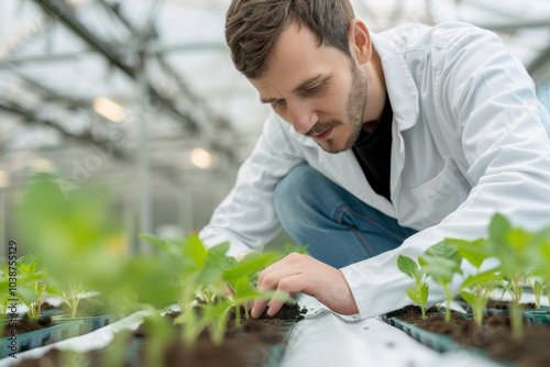 Botanist examining hybrid plants in a controlled environment, showcasing the process of cross-breeding and plant breeding programs aimed at enhancing genetic diversity and crop resilience photo