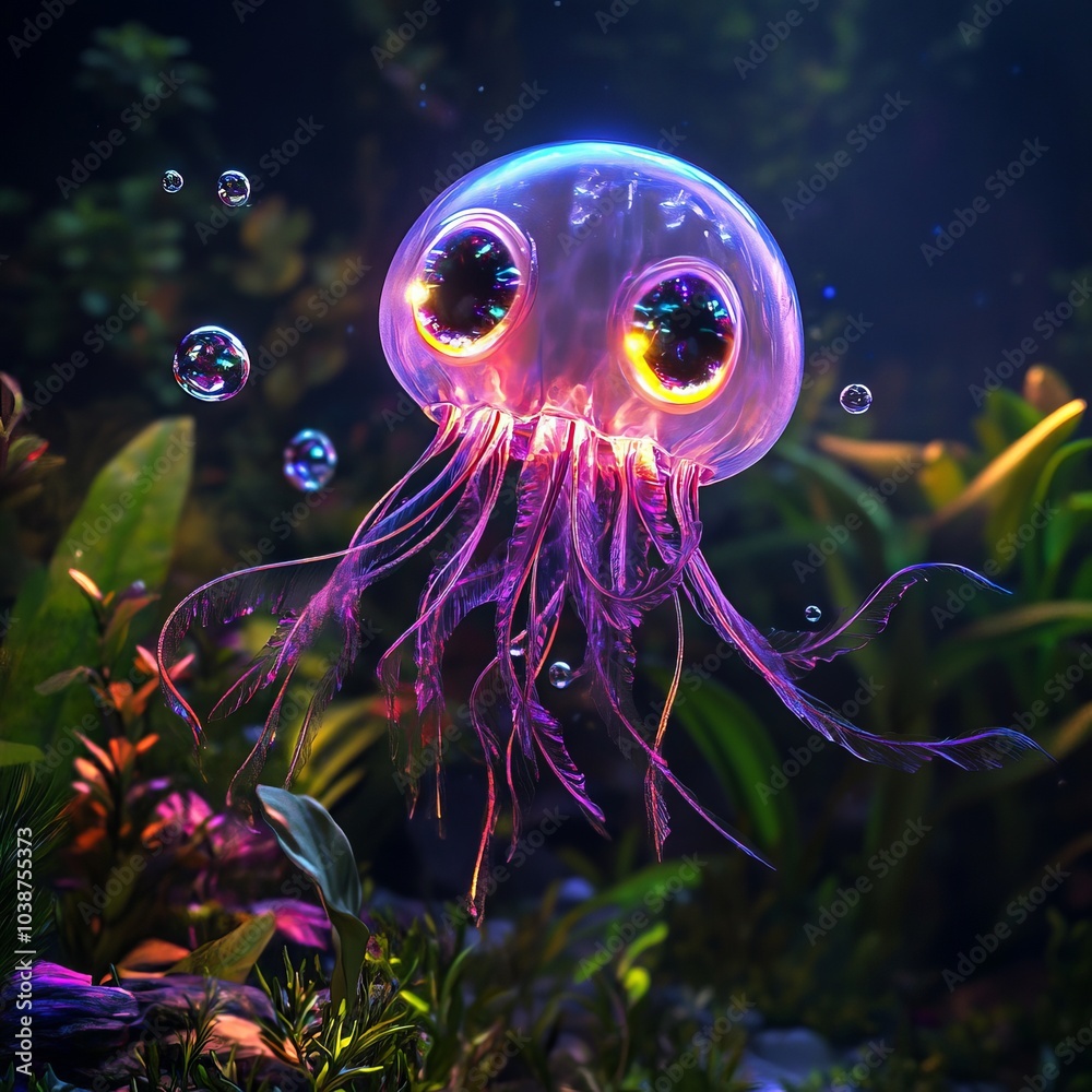 Naklejka premium A glowing, cartoon-like jellyfish with large eyes and purple tentacles swims among bubbles and plants in a dark, underwater environment.