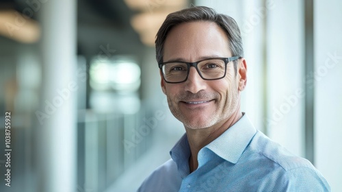 Happy middle aged professional business man, smiling mature executive ceo manager, 45 years old male entrepreneur, confident business owner wearing glasses in office. Headshot portrait 