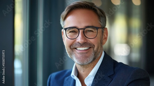 Happy middle aged professional business man, smiling mature executive ceo manager, 45 years old male entrepreneur, confident business owner wearing glasses in office. Headshot portrait 