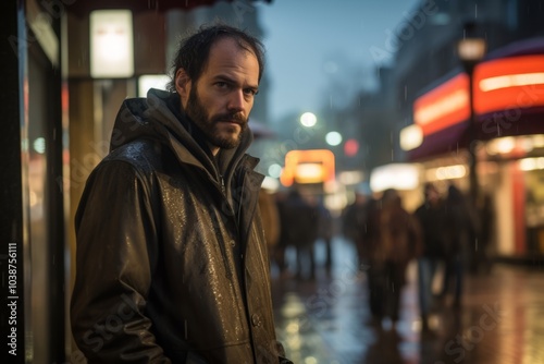 Portrait of a handsome bearded man in a city street at night