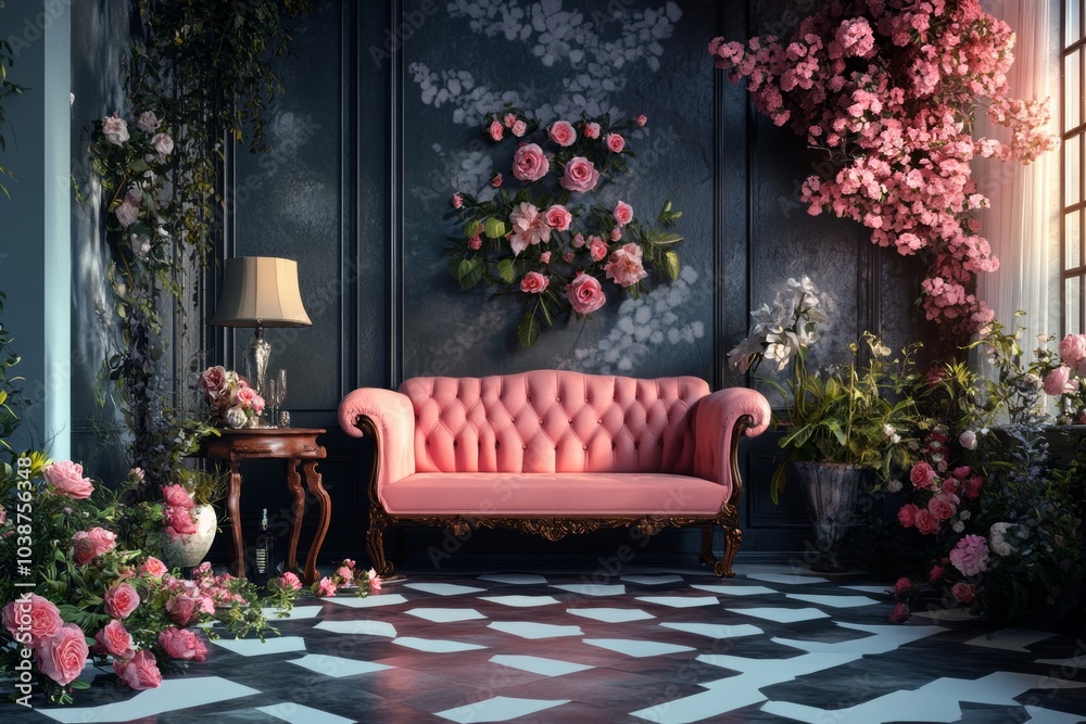 Obraz premium Luxurious Floral Living Room with Pink Sofa and Elegant Decor