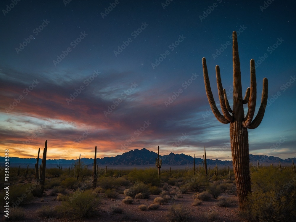 Desert landscape with large saguaro cactus in foreground against dramatic sunset sky with mountains in background Desert landscape with large saguaro cactus in foreground against dramatic sunset sky with mountains in background