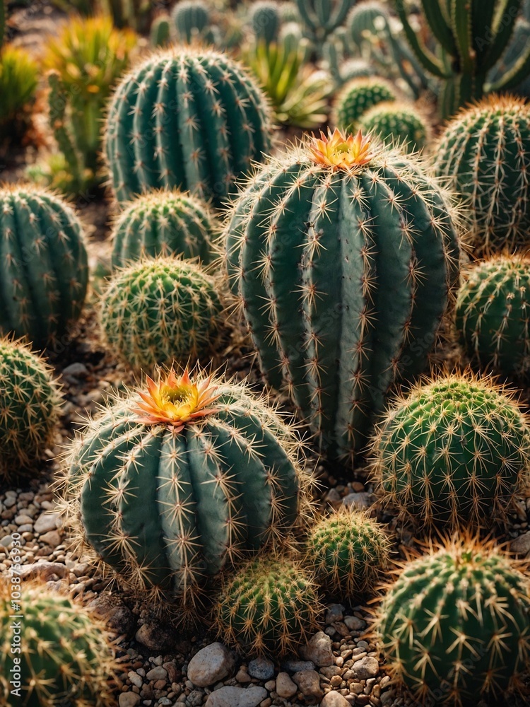 Dense cluster of various barrel cactus plants with their distinctive rounded, spiny shapes and vibrant green hues. Cacti growing in natural, outdoor environment with blurred, earthy background Dense cluster of various barrel cactus plants with their distinctive rounded, spiny shapes and vibrant green hues. Cacti growing in natural, outdoor environment with blurred, earthy background