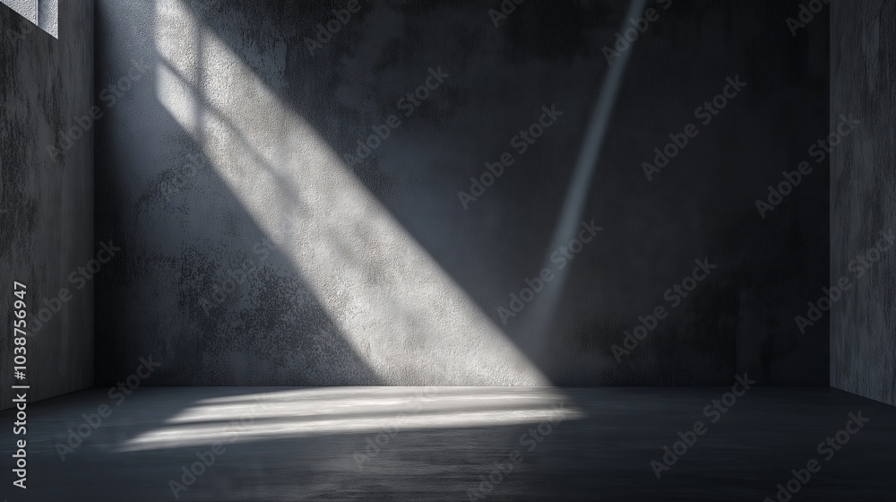 Fototapeta premium An empty studio features a spotlight on a textured backdrop, enhancing light, shadows, and industrial elegance.