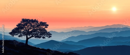 A serene landscape featuring a solitary tree against a colorful sunset over rolling mountains.