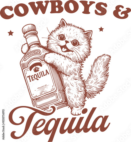 Cowboys & Tequila Design for Shirt, Vintage Retro Funny Raccoon Persian Cat, Cowboy Raccoon Vector, Western Country Cowboy 