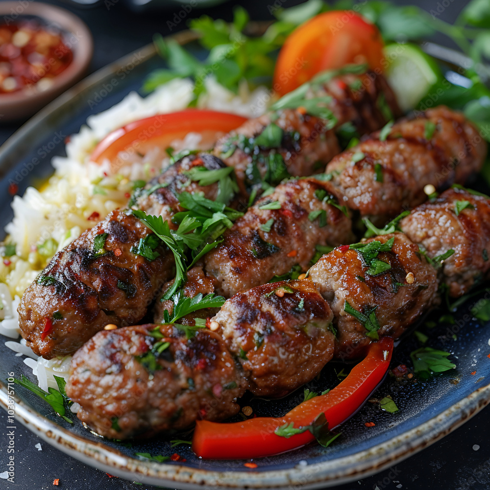  several glazed meatballs on a black plate with parsley garnish ,A plate of glazed meatballs, garnished with fresh parsley, sits on a dark surface next to a small bowl of red sauce