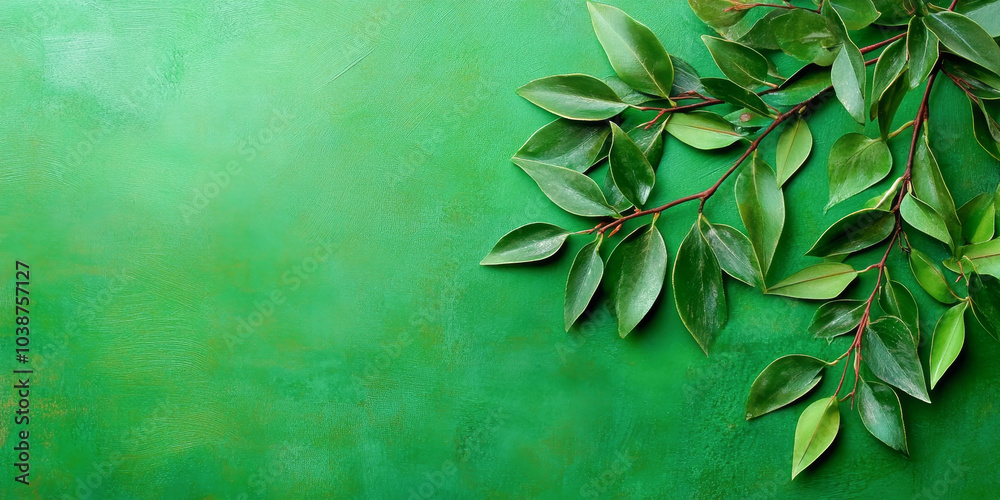 Green leaves branch lying on green textured background Green leaves branch lying on green textured background
