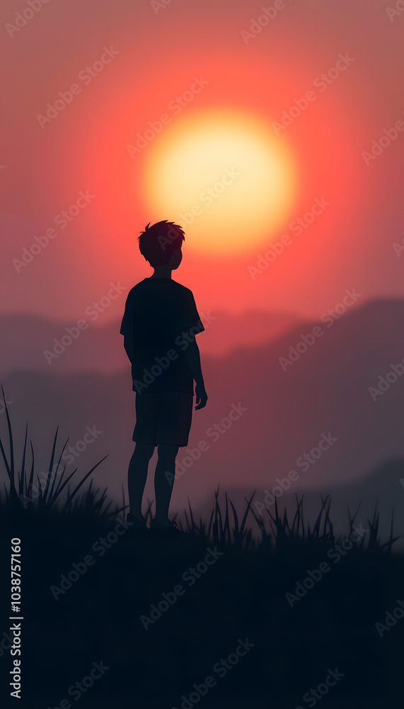 Lonely boy watching sunset isolated with white highlights, png Lonely boy watching sunset isolated with white highlights, png