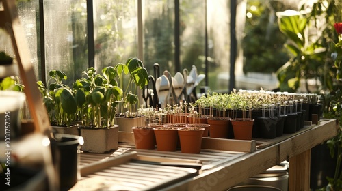 A well-organized plant propagation station in a sunlit greenhouse, Plant cuttings and propagation tools systematically arranged, Contemporary gardening style
