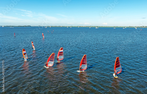 Aerial from wind foiling on the Heeger Meer in Friesland The Netherlands photo