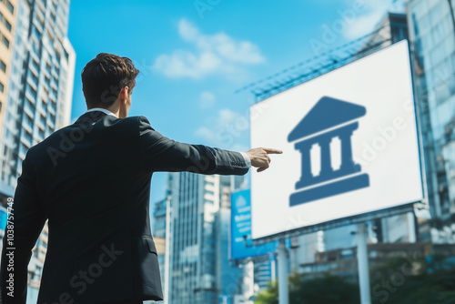 A man pointing to a bank sign. The man is dressed in a suit and tie. found and loan for business advertising photo