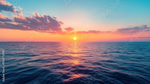 A serene sunset over the ocean, with vibrant colors reflecting on the water's surface.