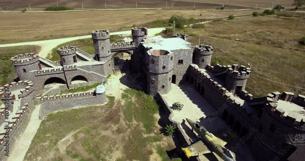 Circular survey of the object. Top view of the castle. Beautiful landscape of the castle. Military plane in the courtyard of the castle. Circular survey of the object. Top view of the castle. Beautiful landscape of the castle. Military plane in the courtyard of the castle.