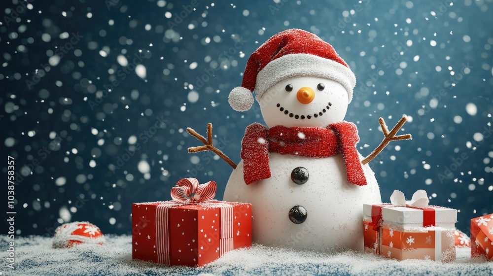 snowman and gifts flat design front view North Pole theme 3D render 