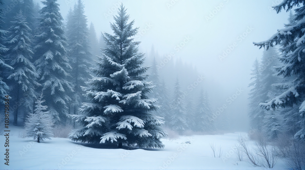 Fototapeta premium soft white snow covers large christmas tree coniferous forests pastel blue winter landscape illuminated generative ai technology