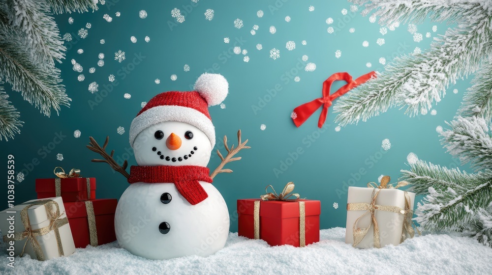 snowman and gifts flat design front view North Pole theme 3D render snowman and gifts flat design front view North Pole theme 3D render