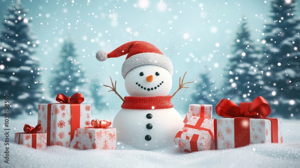 snowman and gifts flat design front view North Pole theme 3D render snowman and gifts flat design front view North Pole theme 3D render