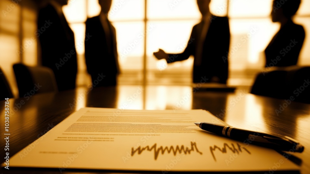 A business meeting table with a handshake in the background and a contract and pen in the foreground, symbolizing a transaction. A business meeting table with a handshake in the background and a contract and pen in the foreground, symbolizing a transaction.