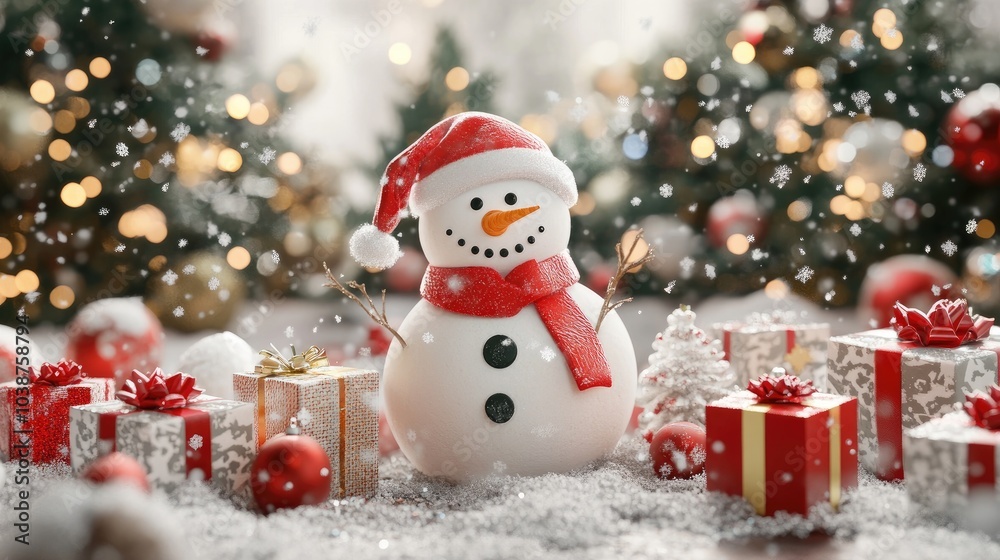 snowman and gifts flat design front view North Pole theme 3D render snowman and gifts flat design front view North Pole theme 3D render