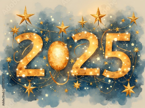 Happy New Year watercolor style design with 2025 yellow number, bokeh lights and stars, blurred blue background