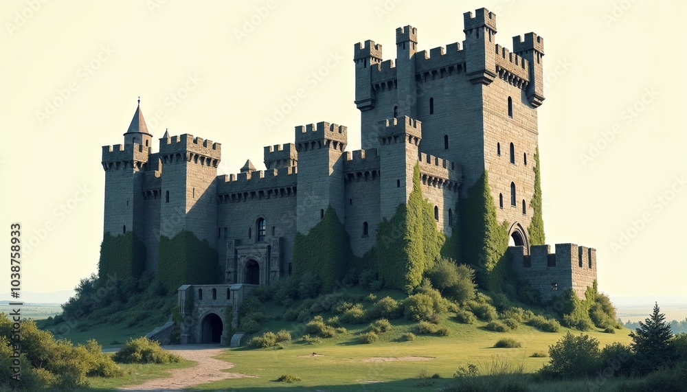 Historic Irish castle surrounded by greenery in serene landscape Historic Irish castle surrounded by greenery in serene landscape