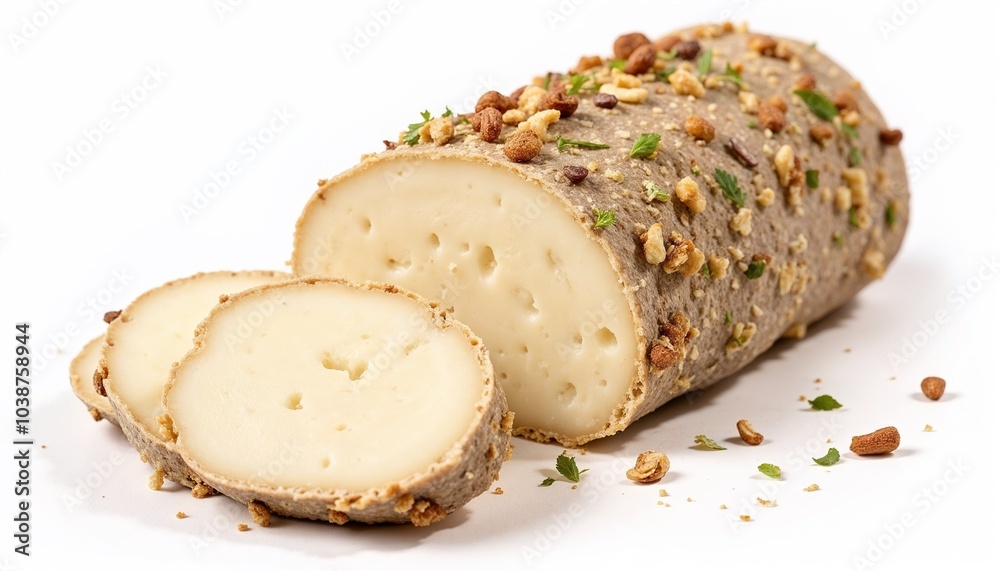 Goat cheese log coated with nuts and herbs, sliced on white background