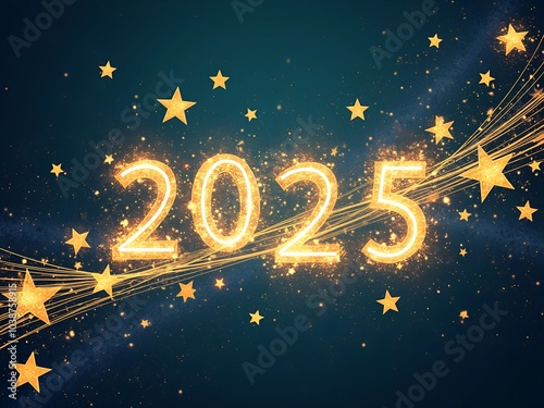 Happy New Year design with 2025 golden number and stars on dark blue background
