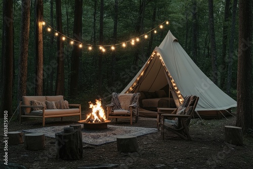 Outdoor Vintage Camping Setup with Beige Tent and String Lights in the Woods at Night