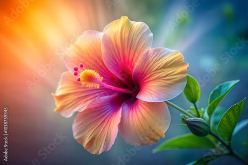 Pink and yellow hibiscus flower bathed in soft sunlight