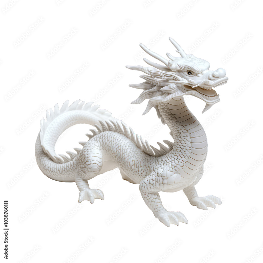 Fototapeta premium White Chinese dragon with pearlescent scales a flowing mane and delicate whiskers elegantly soaring isolated on a transparent background 