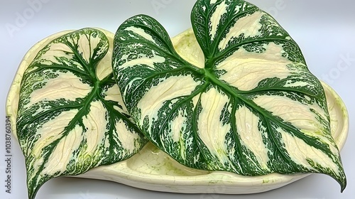 Alocasia Polly Leaf: The arrowhead-shaped leaf of the alocasia polly plant.  photo