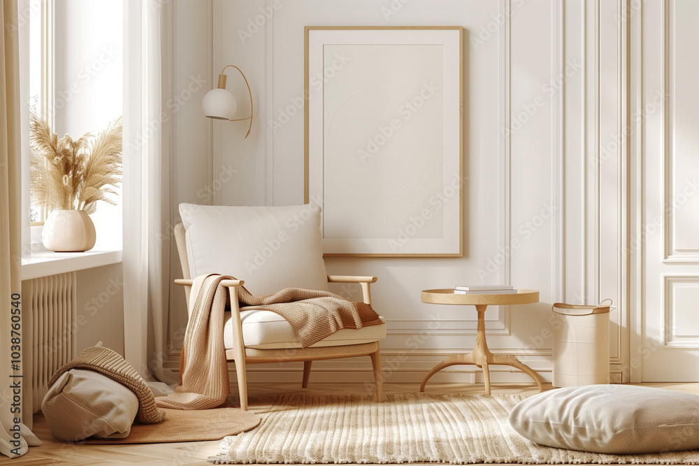 Fototapeta premium A cozy, minimalist living room featuring a light beige armchair with a soft throw blanket, a small round wooden table, and decorative elements like a vase with dried plants. The room has soft natural