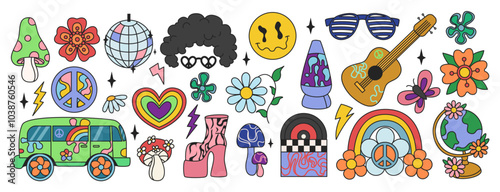 Retro positive vibe 70s, Carton graphic set, aesthetic and symbols 70s. Groovy vibe stickers - hippie, psychedelic trippy, peace, rainbow, acid mushrooms, flowers, disco elements. Groovy graphic set