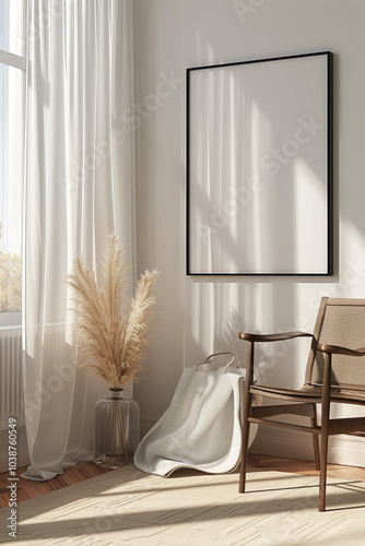 A serene interior scene a minimalist corner with a wooden chair, a large empty picture frame on the wall, and a vase with pampas grass. Soft sunlight filters through sheer curtains, casting gentle sha