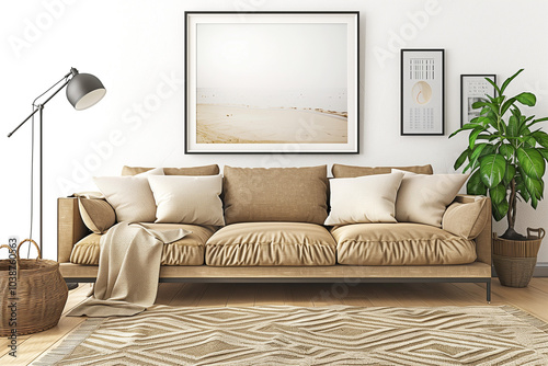 Wallpaper Mural A cozy living room featuring a beige sofa adorned with multiple cushions. A floor lamp stands beside the sofa, and a large framed artwork hangs on the wall. A potted plant adds a touch of greenery, wh Torontodigital.ca