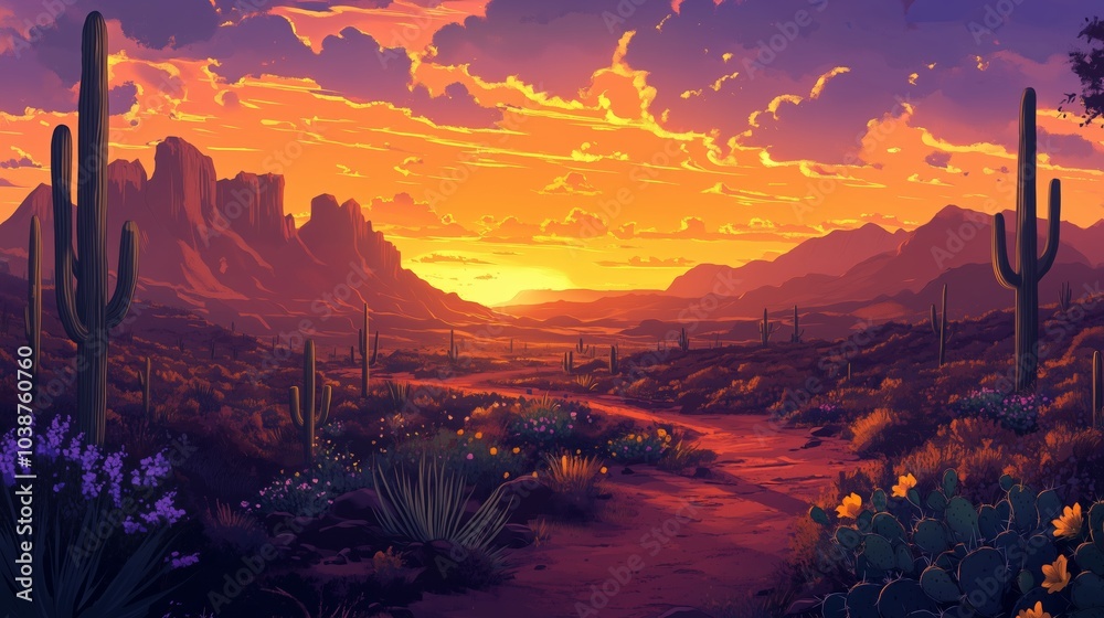 A stunning Arizona sunset paints the sky over cacti and wildflowers, evoking tranquil beauty. A stunning Arizona sunset paints the sky over cacti and wildflowers, evoking tranquil beauty.