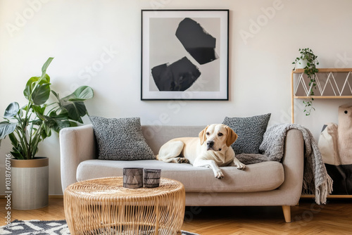 cozy living room featuring relaxed dog on stylish sofa, surrounded by plants and modern decor. atmosphere is warm and inviting, perfect for pet lovers