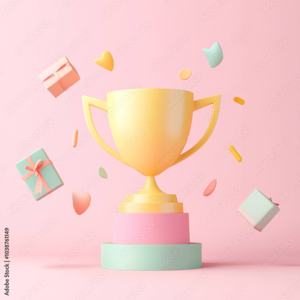 vibrant yellow trophy cup surrounded by colorful gifts and hearts, creating joyful and celebratory atmosphere. Perfect for awards, achievements, or festive occasions vibrant yellow trophy cup surrounded by colorful gifts and hearts, creating joyful and celebratory atmosphere. Perfect for awards, achievements, or festive occasions