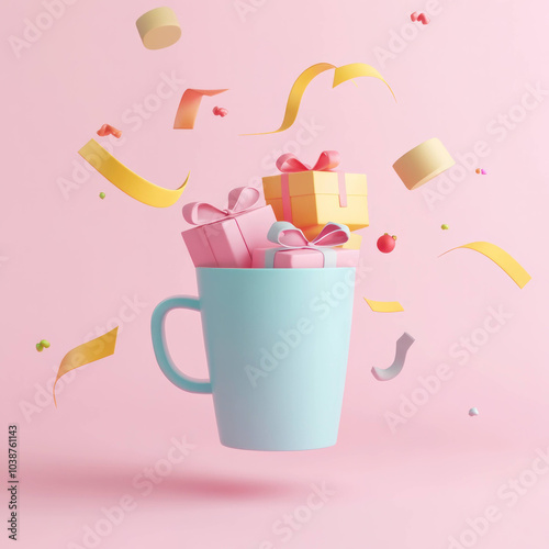 colorful cup filled with various gifts and decorations floats against soft pink background, creating cheerful and festive atmosphere photo