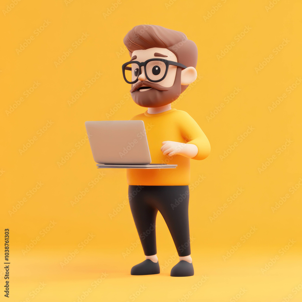 3D character in vibrant yellow background, wearing glasses and stylish outfit, is engaged with laptop, showcasing modern and creative vibe 3D character in vibrant yellow background, wearing glasses and stylish outfit, is engaged with laptop, showcasing modern and creative vibe