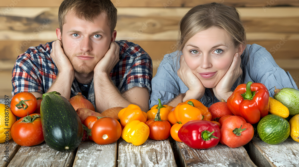 Fototapeta premium Two individuals dining at a table filled with various vegetables.