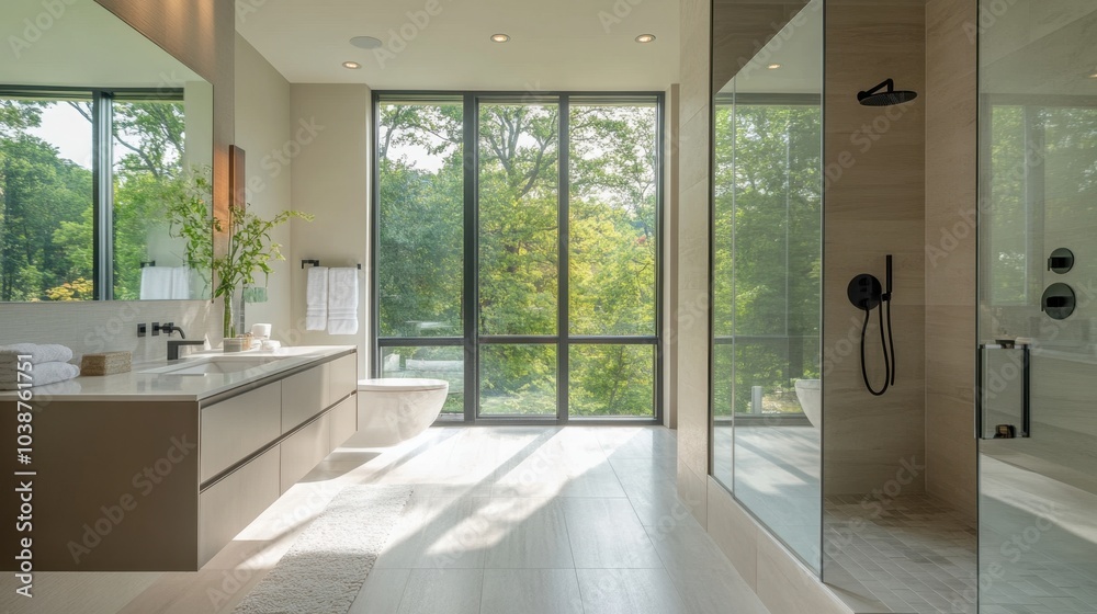 Fototapeta premium A clean, minimalist bathroom with large windows, a glass shower, and subtle decor accents.
